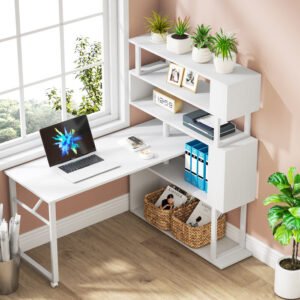CraftMaster™ Rotating Desk with 5-Tier Bookshelf – Reversible Folding Workstation on Wheels